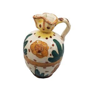Vintage Italian Pottery Signed Red Clay Small 6” Jug  Pitcher Multicolor Flower